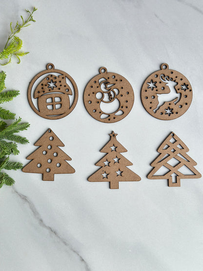 🎄 Christmas MDF Combo – Set of 6 (3 Trees + 3 Circles) 🎨