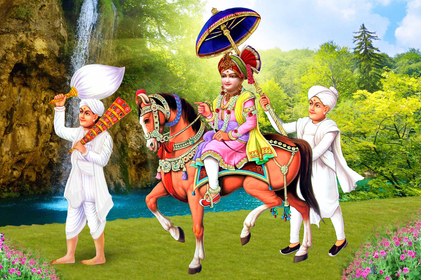 Lord Shri Swaminarayan is riding on a horse ( માણકી ઘોડી )