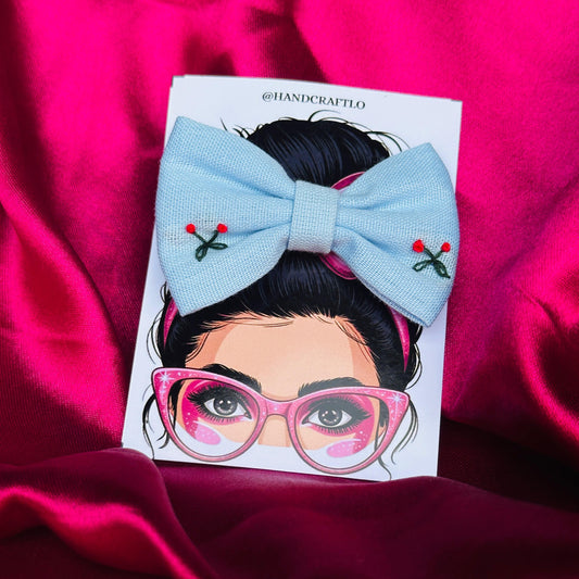 Blue Handmade Threadwork Hairbow – Cherry Design 🍒